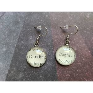 Baghra and The Darkling pendant earrings made with Shadow and Bone book pages